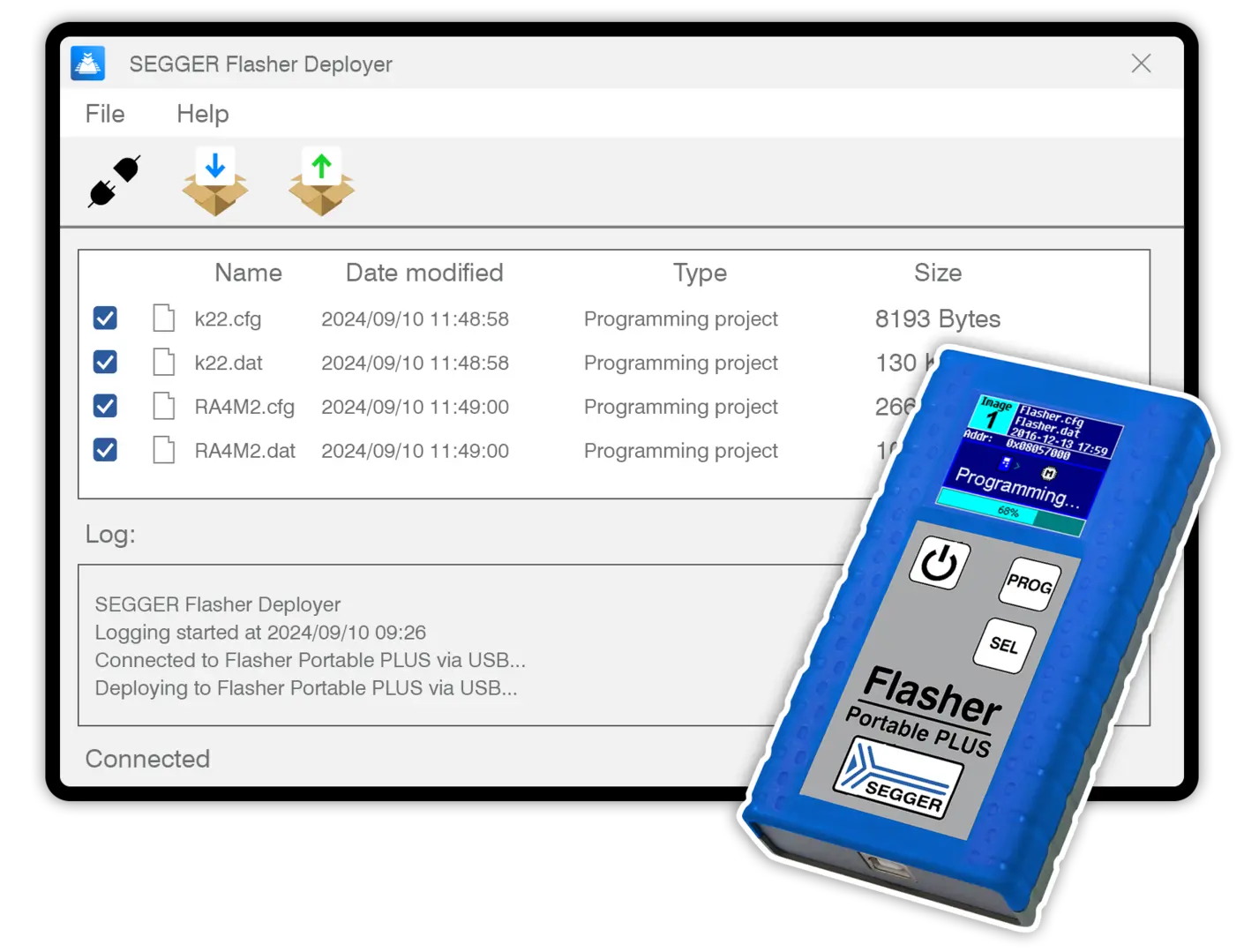 Screenshot of Flasher Deployer, listing four programming projects, blue Flasher Portable PLUS programmer