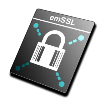 A graphic featuring the text "emSSL" at the top and a central white padlock icon, surrounded by circular elements in light blue. The design suggests themes of security and encryption.