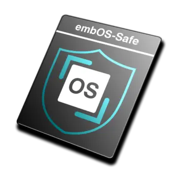 A shield-shaped logo with the text "embOS-Safe" at the top and the letters "OS" in the center. The shield design features a turquoise outline, emphasizing a secure and protective theme related to operating systems.