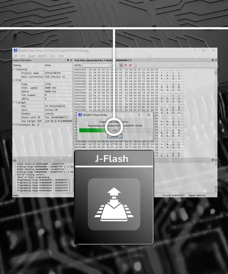 The image displays a software interface for J-Flash, showing project settings and programming progress. Key details include project name, connection type, memory settings, and a progress bar indicating the programming status. The background consists of a circuit design pattern.