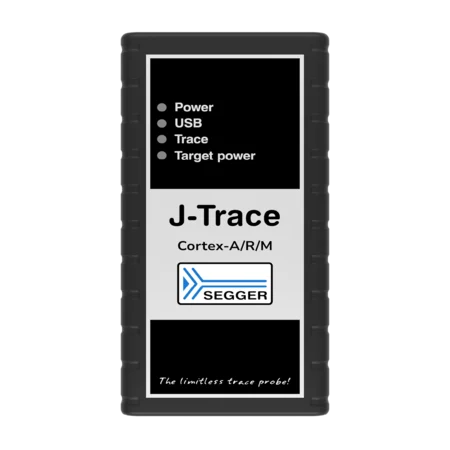 Image of a device labeled "J-Trace Pro" designed for Cortex-A/R/M debugging. The black and gray casing features icons indicating power, USB, trace, and target power functions. Below, the tagline reads, "The limitless trace probe!" The logo of the company SEGGER is also displayed.