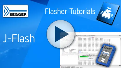 The image shows a tutorial interface for SEGGER's J-Flash programming tool, featuring a playback icon in the center and information about a programming process on the screen. The background is a bright blue, with the SEGGER logo and "Flasher Tutorials" text above.
