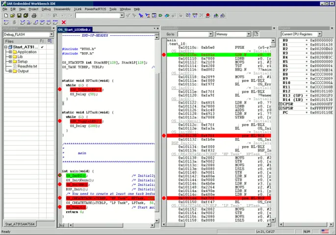 The image shows a software development environment with code for a microcontroller, displaying functions for initializing tasks, including OS_CreateTask and LED blinking. The left pane lists files and functions, while the right pane shows assembly language instructions and current CPU register values.