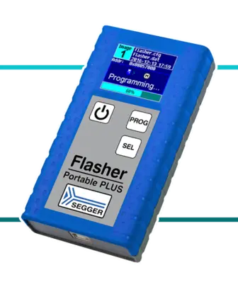 A blue handheld device labeled "Flasher Portable PLUS" is shown. It has a digital screen displaying programming status and buttons for power, programming, and selection. The device is used for programming purposes.