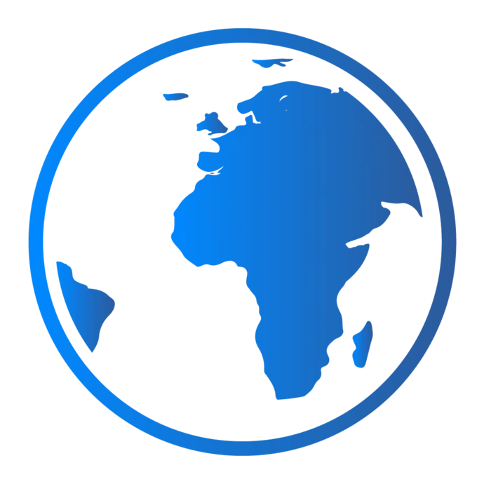A stylized blue globe highlighting the continent of Africa, enclosed in a circular outline. The design emphasizes the Earth's shape, focusing on geographical features without additional details.