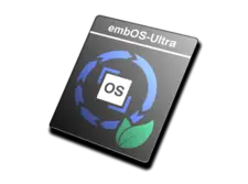 The image features a product packaging design for "embOS-Ultra," featuring a logo with circular arrows and the letters "OS" at the center. A green leaf symbolizes eco-friendliness, suggesting a focus on sustainability in the operating system's features.