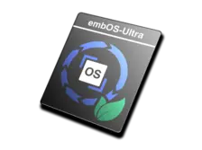 The image features a product packaging design for "embOS-Ultra," featuring a logo with circular arrows and the letters "OS" at the center. A green leaf symbolizes eco-friendliness, suggesting a focus on sustainability in the operating system's features.