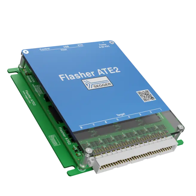 The image features the Segger Flasher ATE2, a programming and debugging device. It has a blue top with labeled ports for control and power, mounted on a green base with connectors for various electronic targets. The device is designed for efficient programming of embedded systems.