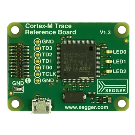 Image of a green circuit board labeled "Cortex-M Trace Reference Board V1.3." It features various labeled pins, an STM32F407 microcontroller, and multiple LEDs. The board has a USB connection and a website link at the bottom.