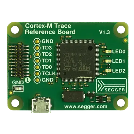 Image of a green circuit board labeled "Cortex-M Trace Reference Board V1.3." It features various labeled pins, an STM32F407 microcontroller, and multiple LEDs. The board has a USB connection and a website link at the bottom.