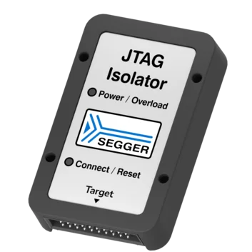 Image of a JTAG isolator device with a gray and black casing. The front features a white label displaying the text "JTAG Isolator," "Power / Overload," and "Connect / Reset," along with the SEGGER logo and a target label. The device has a connector on one side.