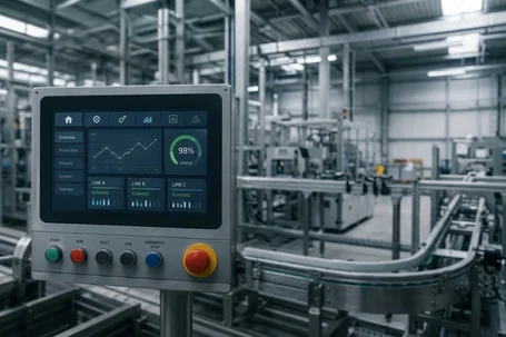 A digital control panel displays production data including status percentages and operational details for three lines, in a large industrial setting. The interface shows graphs and controls with buttons for startup, fault, acknowledgment, emergency stop, and operational status indicators in the background.