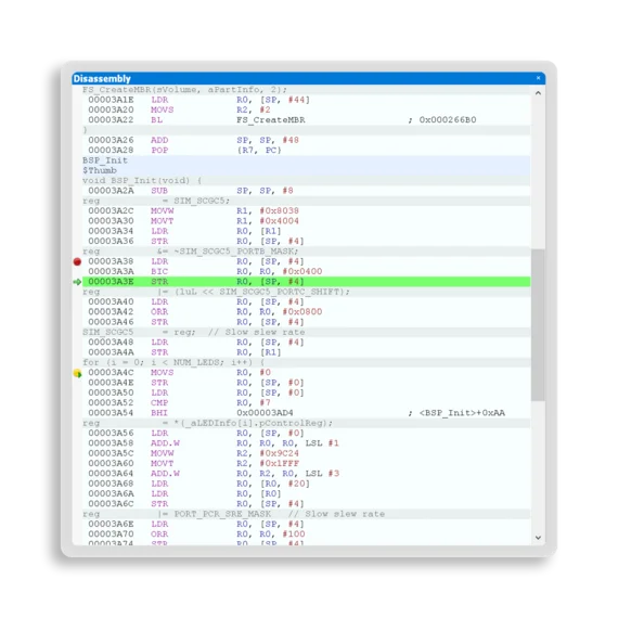 A screenshot of assembly code displayed on a tablet screen. The code shows a function labeled "BSP_Init" with various assembly instructions, including loading and storing values, and operations on specific registers. Key lines are highlighted in color for emphasis.