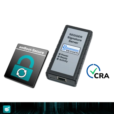 The image features a SEGGER Signature Server device with indicators for power, readiness, and activity. Next to it, there's an emBoot-Secure logo symbolizing security. A verification mark indicates compliance or approval. The overall theme suggests device security and functionality in a technological context.