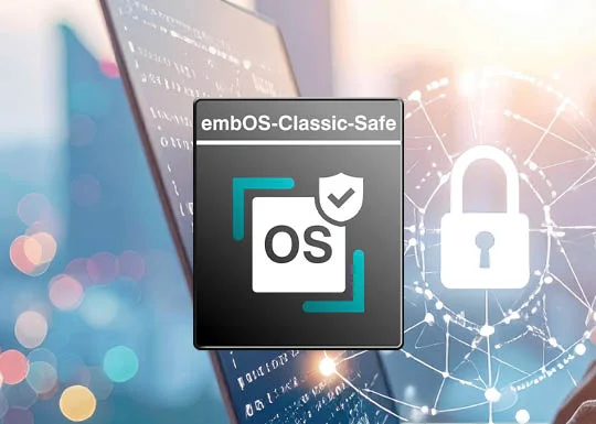 Logo for embOS-Classic-Safe featuring the letters "OS" in a secure design, accompanied by a badge indicating safety. In the background, abstract code and a digital lock symbol suggest a focus on cybersecurity and software safety.