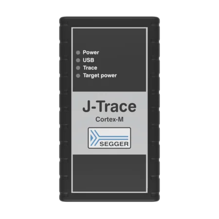 A rectangular device labeled "J-Trace Cortex-M" with indicators for power, USB, trace, and target power. It features a logo for "SEGGER" at the bottom. The device has a black casing with a gray panel displaying the text and indicators.