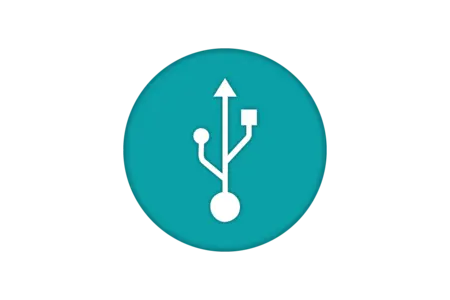 A white USB symbol is centered within a teal circle. The symbol features three lines: one vertical arrow pointing up, one branching to the right, and a circular end at the bottom, representing the connection points of a USB interface.