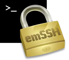 A gold padlock is depicted with the text "emSSH" displayed on its front, symbolizing security or encryption. The background is plain to emphasize the padlock's design.