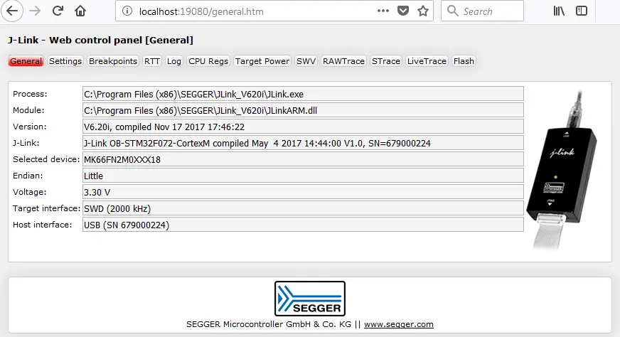 Image shows a web control panel for J-Link, displaying general device information such as process, module, version, selected device, voltage, target interface, and USB interface details. The manufacturer's logo is visible at the bottom.