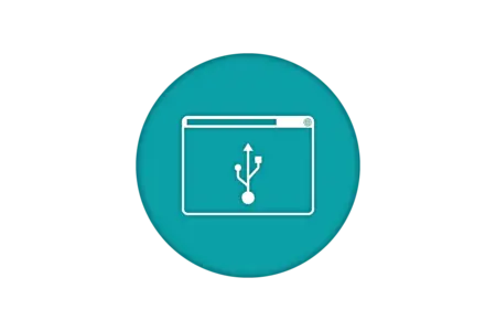 An icon representing a computer screen displaying a USB symbol. The screen is enclosed in a circular teal background, emphasizing connectivity through USB technology.