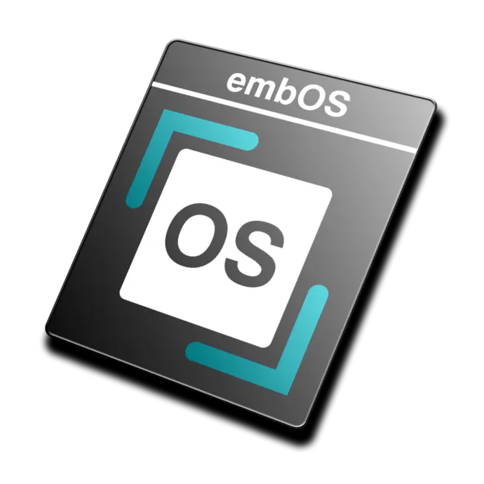 An illustration of a software label featuring the word "embOS" at the top and the letters "OS" prominently in the center, surrounded by a stylized blue border. The background is black, providing contrast to highlight the label's details.