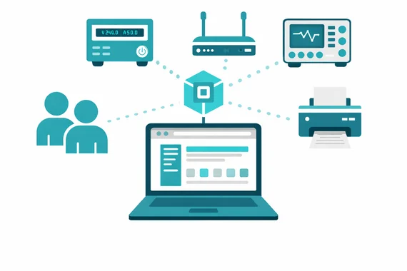 A laptop is at the center, connected to various devices including a printer, a radio, two people, a router, and a measurement instrument. Dotted lines indicate communication and data flow among these elements, symbolizing connectivity and interaction in a networked environment.