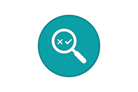 A teal circular icon featuring a magnifying glass. Inside the lens of the magnifying glass, there is a checkmark and an "X," symbolizing verification or evaluation.