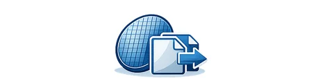 A blue graphic depicting a grid-patterned circle next to a document icon with an arrow pointing outward, symbolizing file export or sharing functionality.