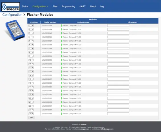 Web server showing configuration options of Flasher Compacts with Flasher Hub