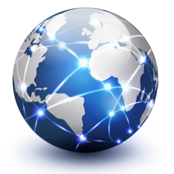 A stylized globe with a blue and white color scheme, representing interconnectedness. Lines connect various points across the globe, symbolizing global communication and connectivity. This image conveys themes of networking and digital connections.