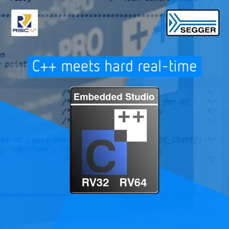 The image features a logo for "Embedded Studio" highlighting the integration of C++ programming with hard real-time systems, specifically for RISC-V architectures RV32 and RV64. The background displays coding elements, emphasizing a technical and programming context.