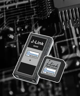 The image features two J-Link debugging devices labeled "J-Link BASE" and "J-Link BASE Compact" from SEGGER. They are depicted against a background resembling a circuit board, highlighting their role in embedded system programming and debugging.