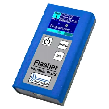 A handheld programming device labeled "Flasher Portable PLUS" with a blue casing displays a progress indicator showing "Programming..." at 68%. The device features buttons labeled with symbols for power, "PROG," and "SEL." The screen also includes data about the file being programmed.