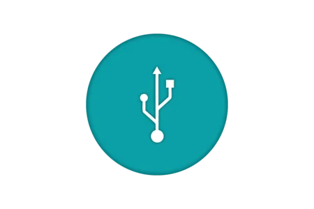 Icon representing a USB connection, featuring a white USB symbol on a turquoise circular background. The design includes arrows indicating data transfer direction.