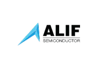 Logo of Alif Semiconductor featuring the word "ALIF" in bold black letters and the word "SEMICONDUCTOR" in smaller black text below. An abstract blue triangular shape points upward, symbolizing innovation and technology.