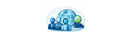 An illustration depicting a group of three businesspeople in suits, standing in front of a stylized globe. A checkmark and a bar chart suggest progress or achievement in a global context. The overall theme reflects teamwork and global collaboration.