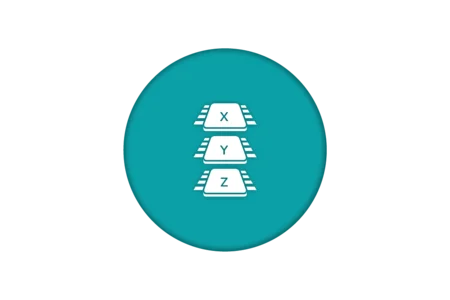 Icon featuring three stacked rectangles with the letters "X," "Y," and "Z" on them, set against a teal circular background. The rectangles have small lines on either side, suggesting a stylized design.