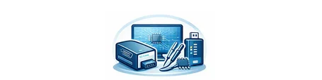 An illustration featuring a computer monitor displaying a circuit design, alongside a printer, a USB drive, a pen, and a microchip. This image represents various elements of technology and computing.