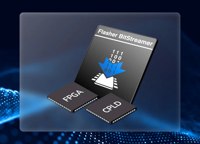 An image depicting a central chip labeled "Flasher BitStreamer," with binary code and an arrow signaling data transfer. Two smaller chips labeled "FPGA" and "CPLD" are positioned below it, indicating components related to programmable logic devices. The background features a network-like pattern.