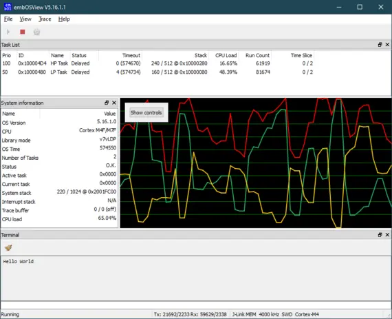 The image displays the embOSView interface, showing system information, including task IDs, status, CPU load percentages, and an active task list. A graph illustrates CPU load with red, yellow, and green lines, indicating varying levels of usage over time. A terminal window at the bottom shows "Hello World."