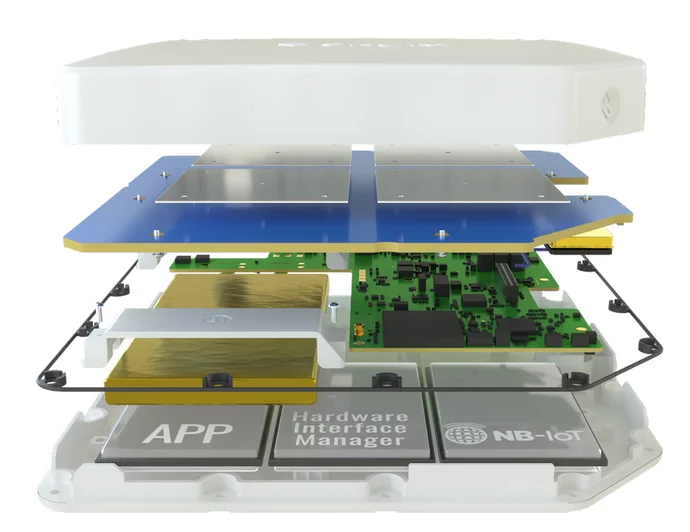 Exploded view of a layered electronic device, showcasing its internal components. Key elements include a green circuit board, multiple metallic plates, and labeled sections for "APP," "Hardware Interface Manager," and "NB-IoT," highlighting the device's functionality and structure.