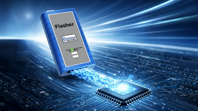An electronic flasher device labeled "Flasher" is shown above a glowing microchip on a circuit board. Light particles are depicted flowing from the flasher toward the chip, suggesting data transfer or programming activity. The background features a blue, futuristic design with lines radiating outward.