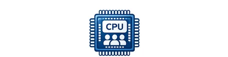 Icon representing a CPU, featuring the letters "CPU" prominently in a central box, surrounded by circuit-like patterns and silhouettes of three people, symbolizing connection and communication in computing.