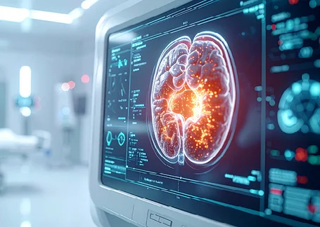 Digital display showing a detailed, illuminated view of a brain with highlighted areas, suggesting neural activity or anomalies. The background features a medical environment, indicating a clinical setting.