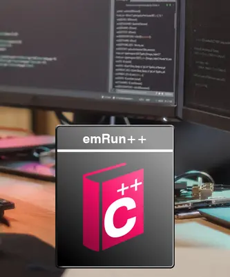 The image features a digital workspace with a prominent software icon labeled "emRun++." The icon resembles a book with the letter "C++" in pink, representing a programming tool. In the background, lines of code are visible on computer screens.