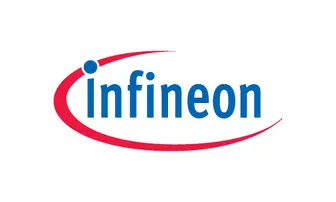 The image features the logo of Infineon, which includes the word "Infineon" in blue text. A curved red arc partially encircles the text, with a small blue dot to the left of the letter "I." The design emphasizes technology and innovation.