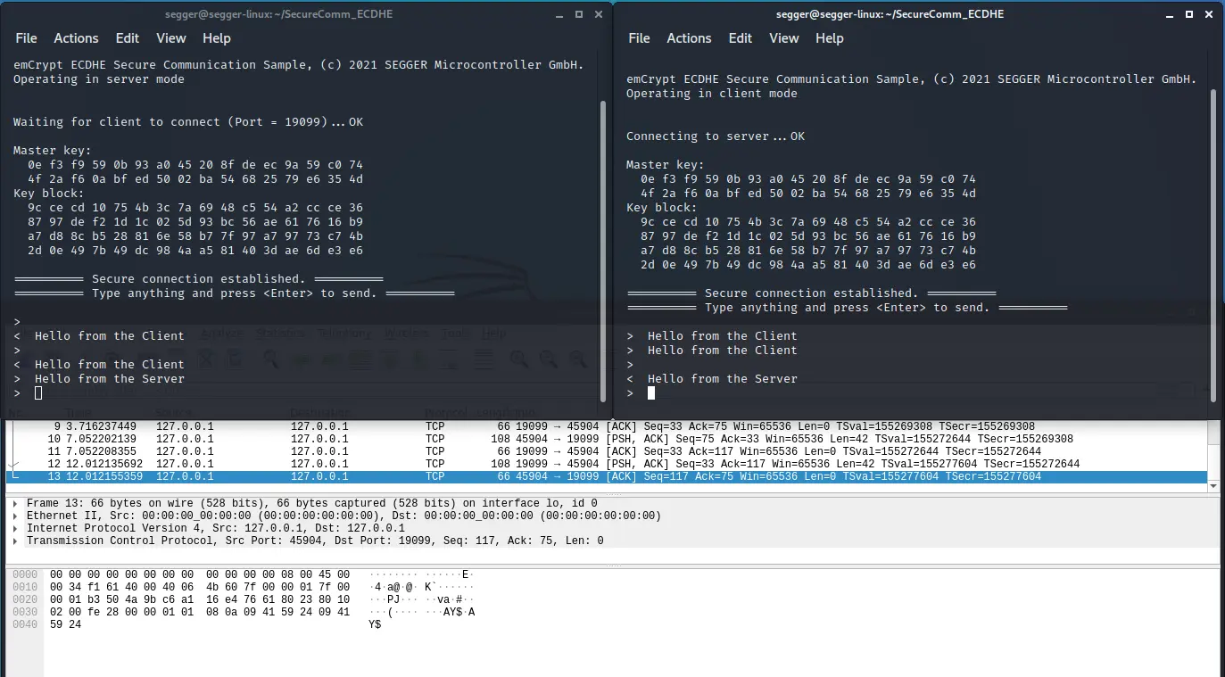 The image shows two terminal windows displaying secure communication between a client and server using ECDHE encryption. One window indicates the client mode, and the other shows the server mode. Messages exchanged include greetings from the client and server, confirming a secure connection.