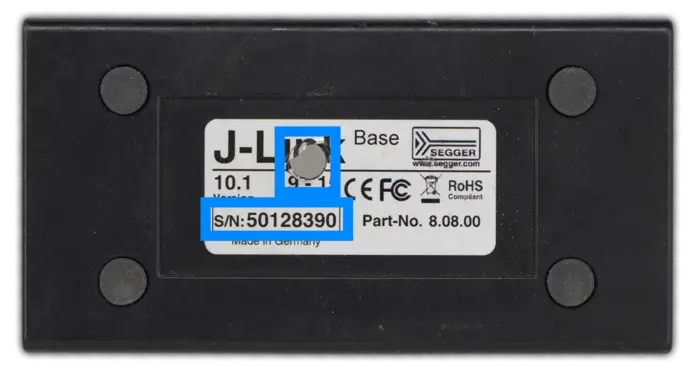 Highlighted intact serial number of destroyed J-Link unit Highlighted intact serial number of destroyed J-Link unit