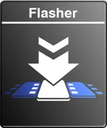 A sign labeled "Flasher" features a downward arrow above a central white icon, flanked by two blue icons below. The design suggests a function related to signaling or alerting, emphasizing the action of flashing or indicating something important.