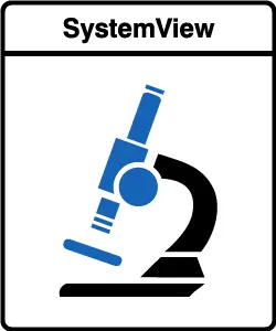 The image features a graphic of a microscope, depicted in blue and black, alongside the text "SystemView" at the top. The microscope symbolizes scientific observation and analysis.